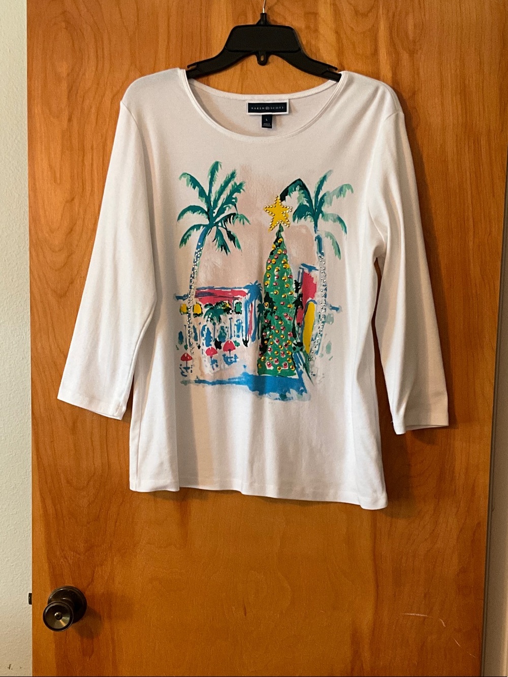 Karen Scott White Tropical Palm Christmas Graphic Tee
